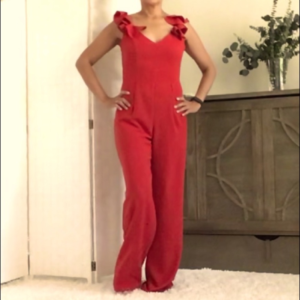 Red ruffle sleeve jumpsuit